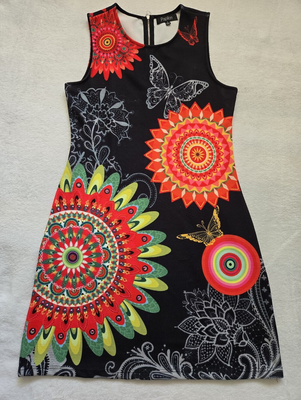 Papillon Blanc Black Sleeveless Dress with Vibrant Floral Mandala Print